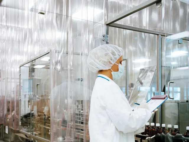 Szakember tisztatéri (cleanroom) gyártókörnyezetben, védőruhában dokumentál